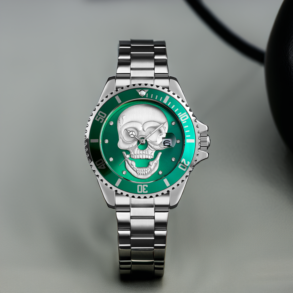 Orologio con teschio Skull Silver Green 3D