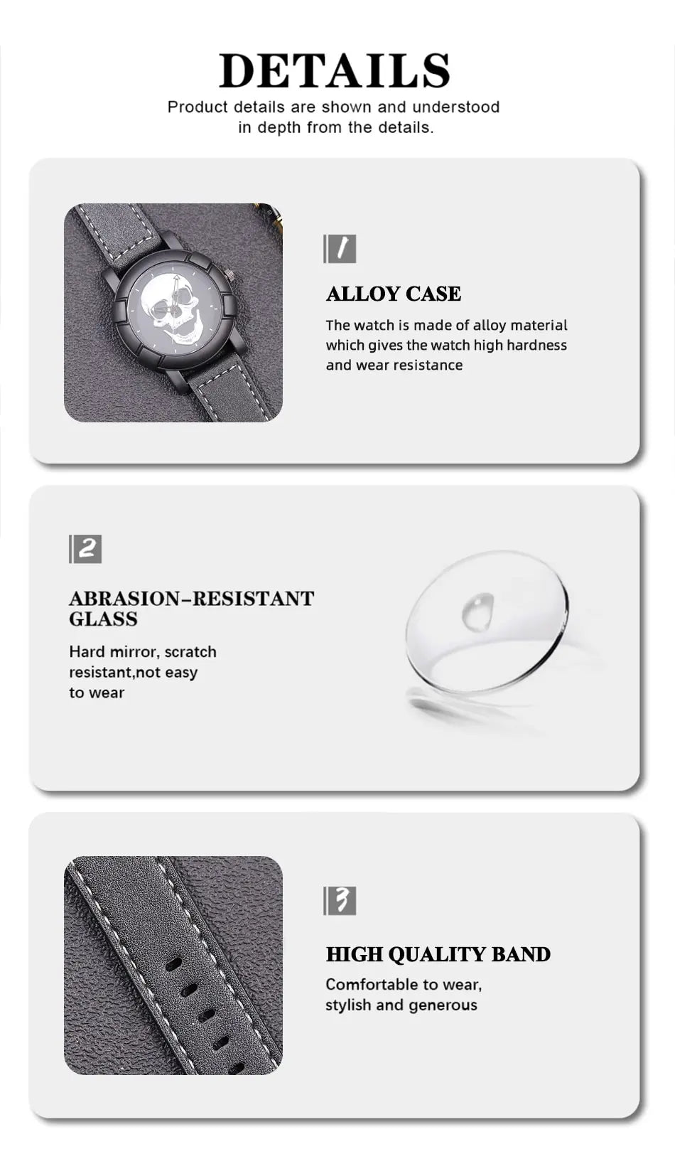 Set Fashion 3 pezzi Orologio con teschio al quarzo con collana e bracciale