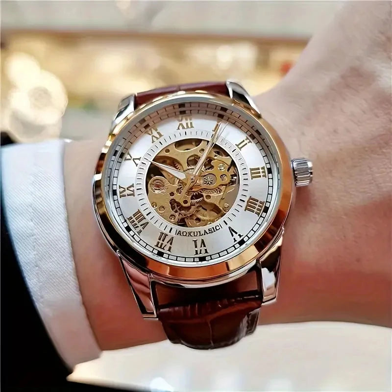 Orologio automatico meccanico uomo skeleton Elegante Brown