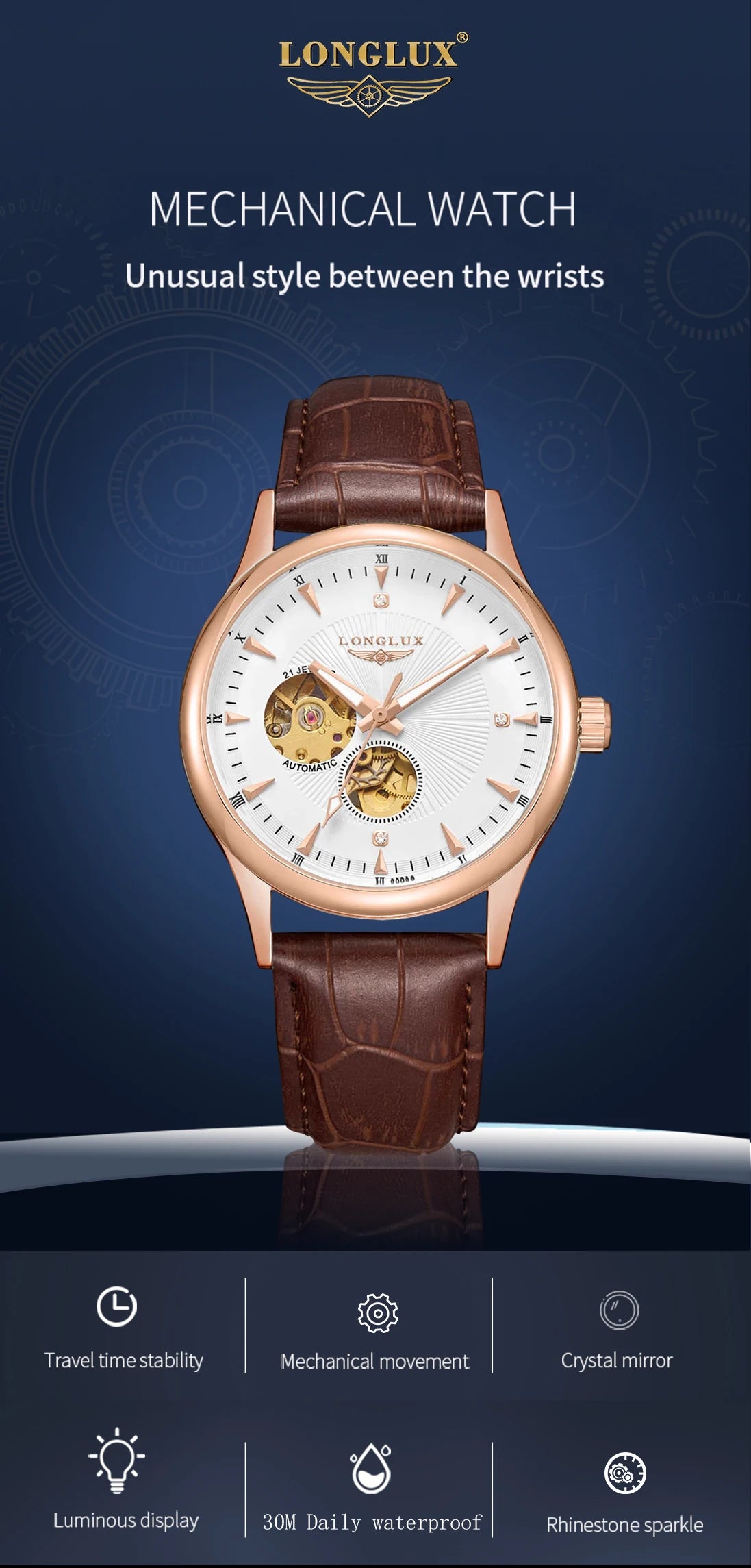 Orologio automatico meccanico elegante uomo
