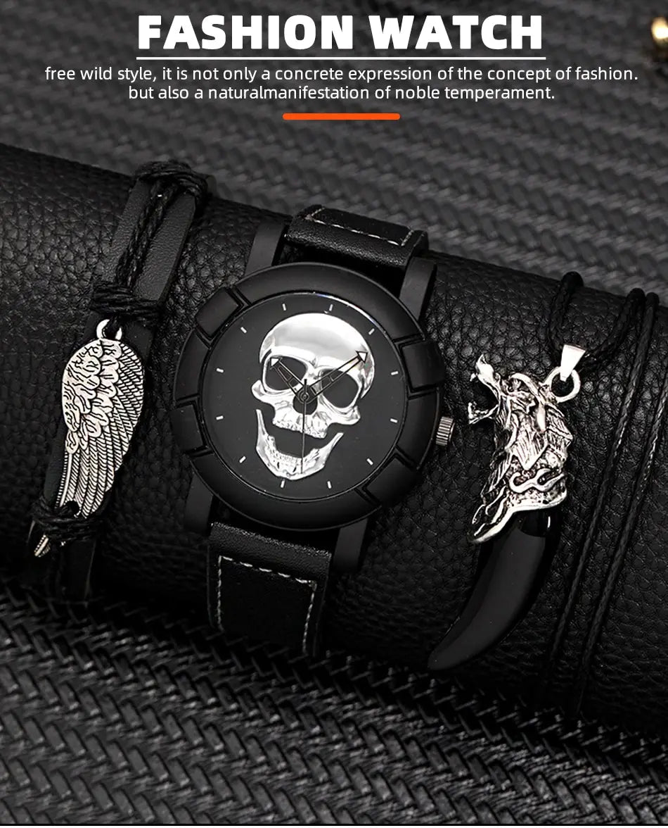 Set Fashion 3 pezzi Orologio con teschio al quarzo con collana e bracciale