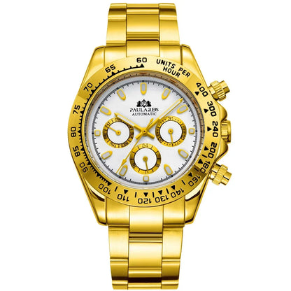 Orologio Automatico cronografo uomo Gold White